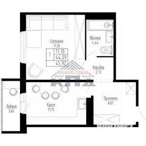 1-к квартира, строящийся дом, 46м2, 8/15 этаж