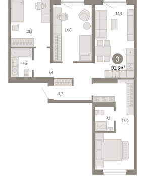 3-к квартира, вторичка, 91м2, 8/15 этаж