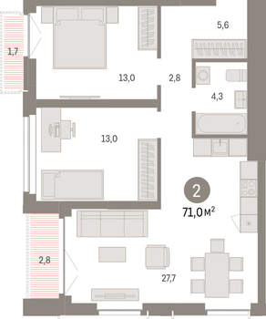 2-к квартира, вторичка, 71м2, 18/23 этаж