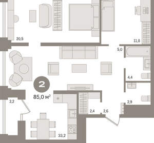 2-к квартира, вторичка, 85м2, 18/30 этаж