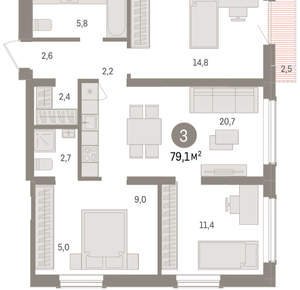 3-к квартира, вторичка, 79м2, 14/15 этаж
