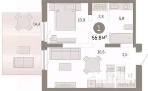 1-к квартира, вторичка, 56м2, 3/14 этаж