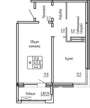 1-к квартира, строящийся дом, 45м2, 10/17 этаж