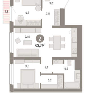 2-к квартира, вторичка, 63м2, 9/12 этаж