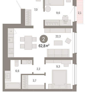 2-к квартира, вторичка, 63м2, 9/12 этаж