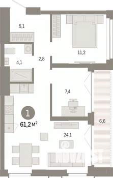 1-к квартира, вторичка, 61м2, 13/23 этаж