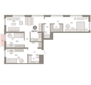 3-к квартира, вторичка, 106м2, 9/23 этаж