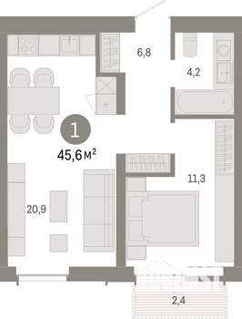 1-к квартира, вторичка, 46м2, 1/6 этаж