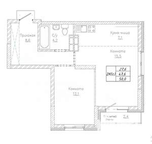 2-к квартира, сданный дом, 47м2, 6/22 этаж