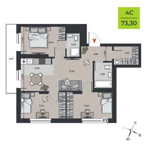 4-к квартира, вторичка, 75м2, 2/21 этаж