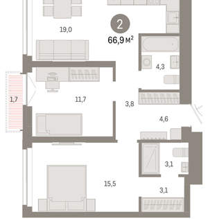 2-к квартира, вторичка, 67м2, 9/23 этаж