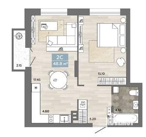 2-к квартира, строящийся дом, 49м2, 5/20 этаж