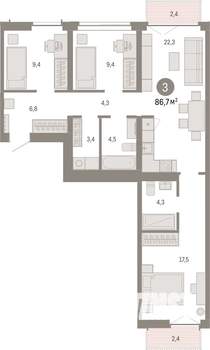 3-к квартира, вторичка, 87м2, 2/7 этаж