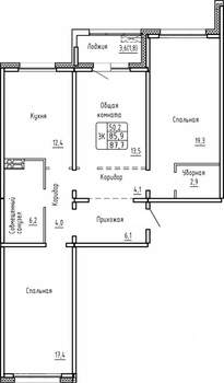 3-к квартира, строящийся дом, 88м2, 4/17 этаж