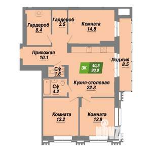 3-к квартира, строящийся дом, 91м2, 22/23 этаж