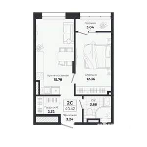2-к квартира, строящийся дом, 37м2, 7/9 этаж