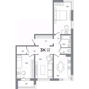 3-к квартира, вторичка, 83м2, 4/12 этаж