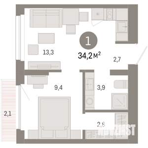 1-к квартира, вторичка, 34м2, 5/12 этаж