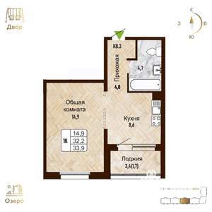 1-к квартира, вторичка, 34м2, 8/17 этаж