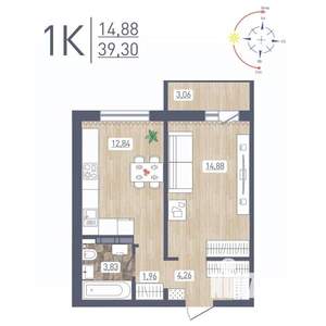 1-к квартира, строящийся дом, 39м2, 17/17 этаж