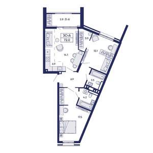 3-к квартира, вторичка, 71м2, 3/14 этаж