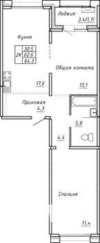 2-к квартира, вторичка, 64м2, 1/15 этаж