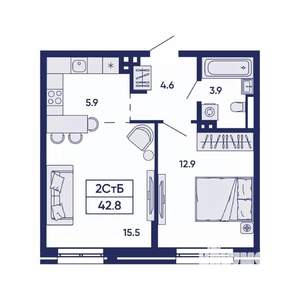 2-к квартира, вторичка, 43м2, 1/14 этаж