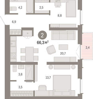 2-к квартира, вторичка, 66м2, 4/23 этаж