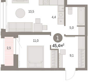1-к квартира, вторичка, 45м2, 19/30 этаж