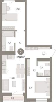 2-к квартира, вторичка, 63м2, 3/15 этаж