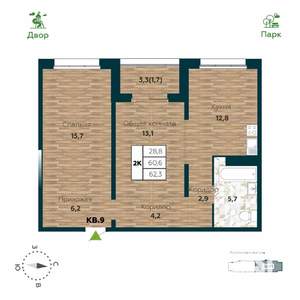 2-к квартира, вторичка, 62м2, 6/25 этаж