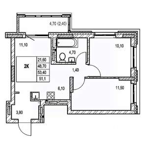 2-к квартира, строящийся дом, 51м2, 8/21 этаж