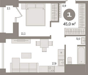 1-к квартира, вторичка, 45м2, 23/30 этаж