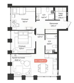 3-к квартира, вторичка, 67м2, 18/20 этаж