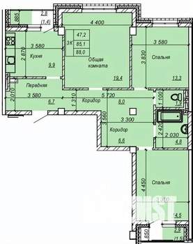 3-к квартира, строящийся дом, 88м2, 7/9 этаж