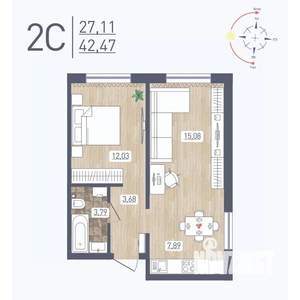 2-к квартира, строящийся дом, 42м2, 1/17 этаж