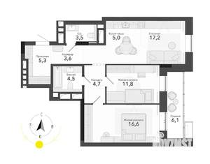 2-к квартира, строящийся дом, 78м2, 3/8 этаж