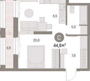 Студия квартира, вторичка, 45м2, 27/30 этаж