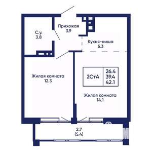 2-к квартира, вторичка, 42м2, 6/14 этаж