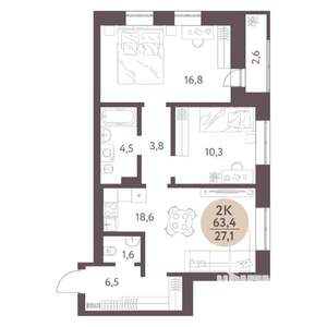 2-к квартира, вторичка, 63м2, 1/10 этаж