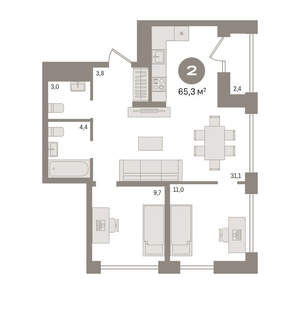 2-к квартира, вторичка, 65м2, 26/30 этаж