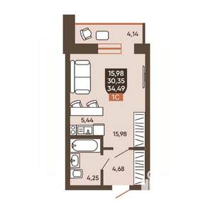 1-к квартира, вторичка, 34м2, 12/19 этаж