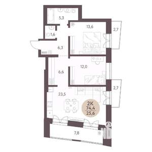 2-к квартира, вторичка, 74м2, 2/7 этаж