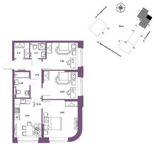 3-к квартира, вторичка, 76м2, 2/9 этаж