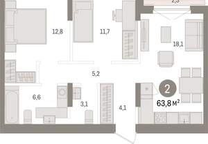 2-к квартира, вторичка, 64м2, 8/15 этаж