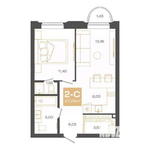 2-к квартира, строящийся дом, 47м2, 17/24 этаж