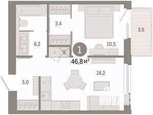 1-к квартира, вторичка, 47м2, 8/14 этаж