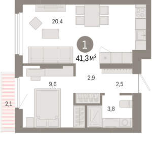 1-к квартира, вторичка, 41м2, 6/12 этаж