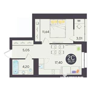 2-к квартира, строящийся дом, 38м2, 9/10 этаж