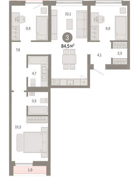 3-к квартира, вторичка, 85м2, 2/15 этаж